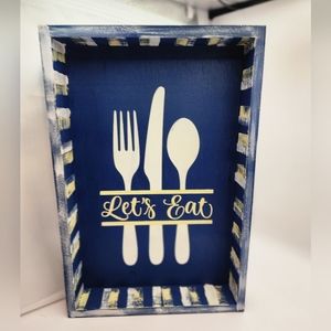 Handpainted LET'S EAT wooden sign freestanding